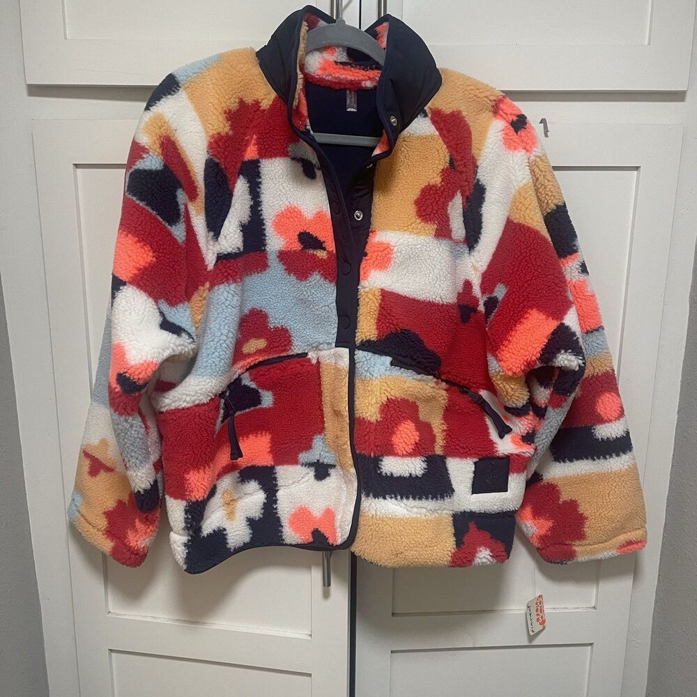 Free People Movement Hit The Slopes Printed Fleece Jacket Sunset $198 Sz L NWT